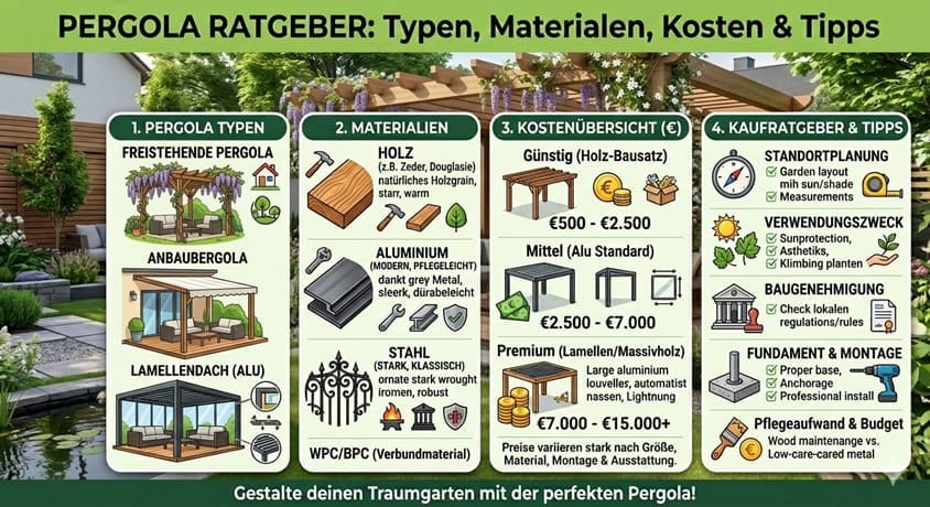 Pergola - unterschiedliche Materialien werden verglichen.
