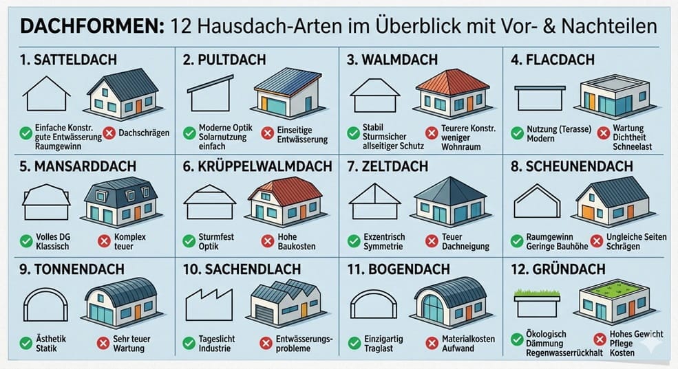 Dachformen 2026: 12 Hausdach-Arten im Überblick mit Vor- & Nachteilen
