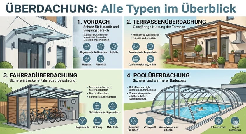 Überdachung: Alle Typen im Überblick – Vordach, Terrasse, Fahrrad & Pool