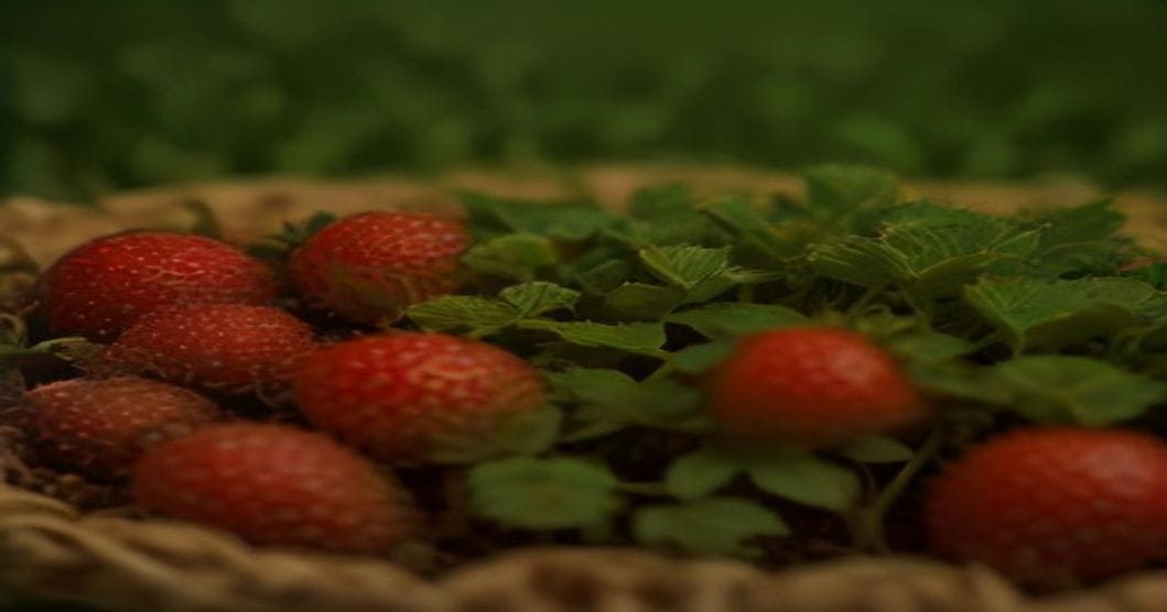 
                               Junge Erdbeerpflanzen mit reifen Früchten auf einer Strohschicht im Gartenbeet
                              