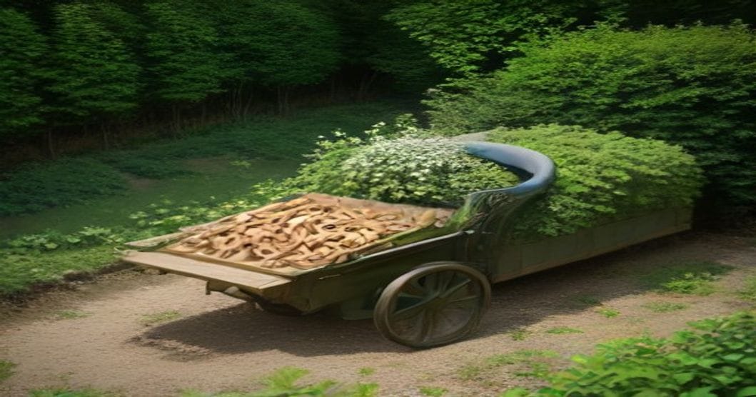 
                               Gartenhäcksler neben einem Haufen Heckenschnitt und einer Schubkarre mit Häckselgut
                              