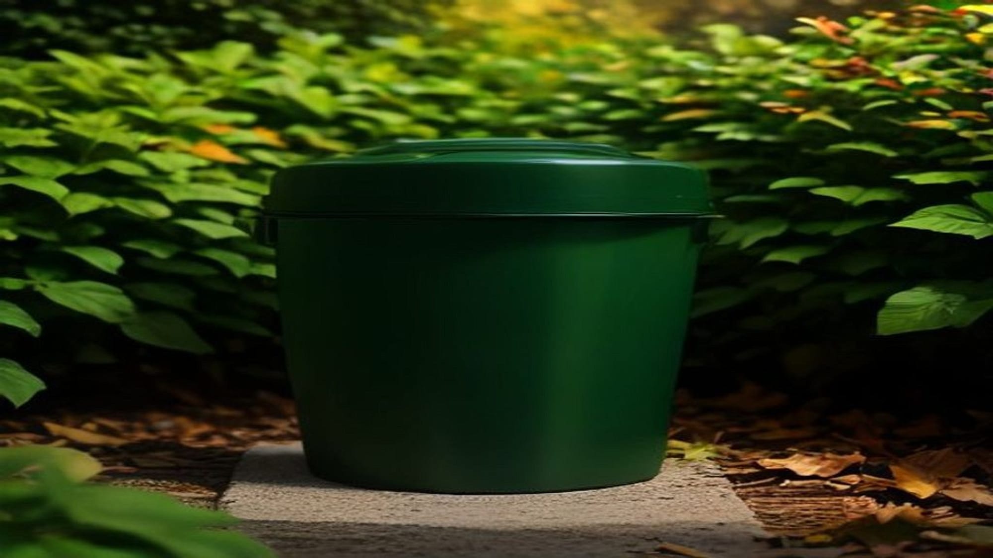 
                               Geschlossener Thermokomposter im Garten mit Gartenabfällen und Kompostgabel
                              