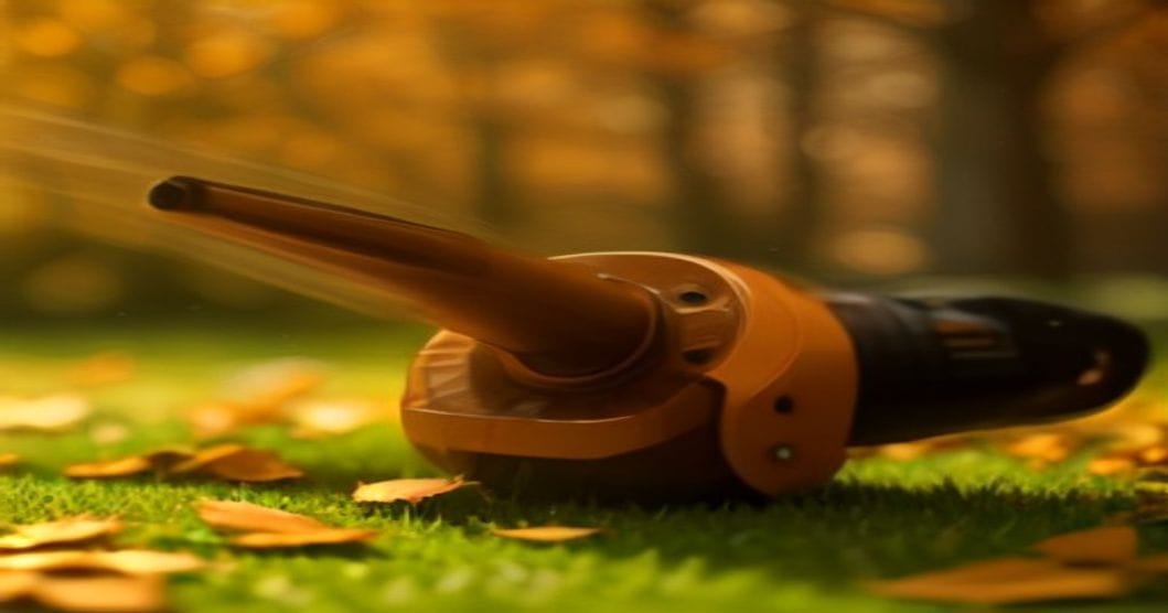 
                               Akku-Laubbläser auf einer mit Herbstlaub bedeckten Rasenfläche
                              