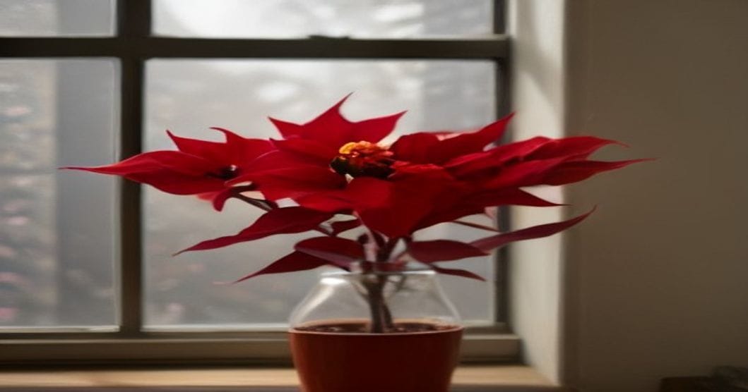
                               Roter Weihnachtsstern mit kräftigen Hochblättern auf einer hellen Fensterbank vor winterlichem Fenster
                              