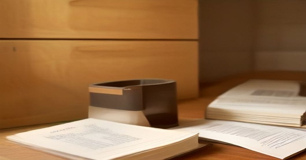 
                               Bauantragsunterlagen und Lageplan mit Stempel auf einem Schreibtisch
                              