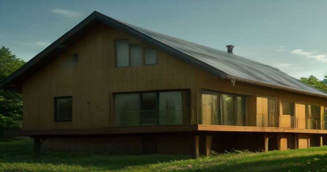 
                               Modernes Holzhaus mit begrüntem Dach und vertikaler Lärchenschalung im Morgenlicht
                              