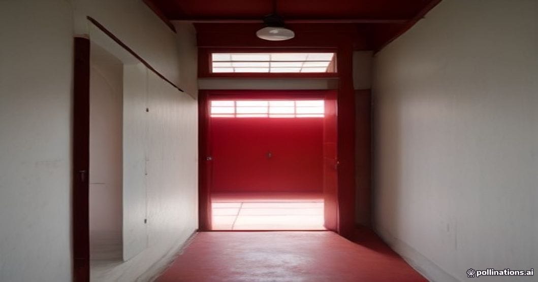 
                               Blower Door Messgerät mit rotem Gebläse in der Haustür eines unfertigen Hauses
                              