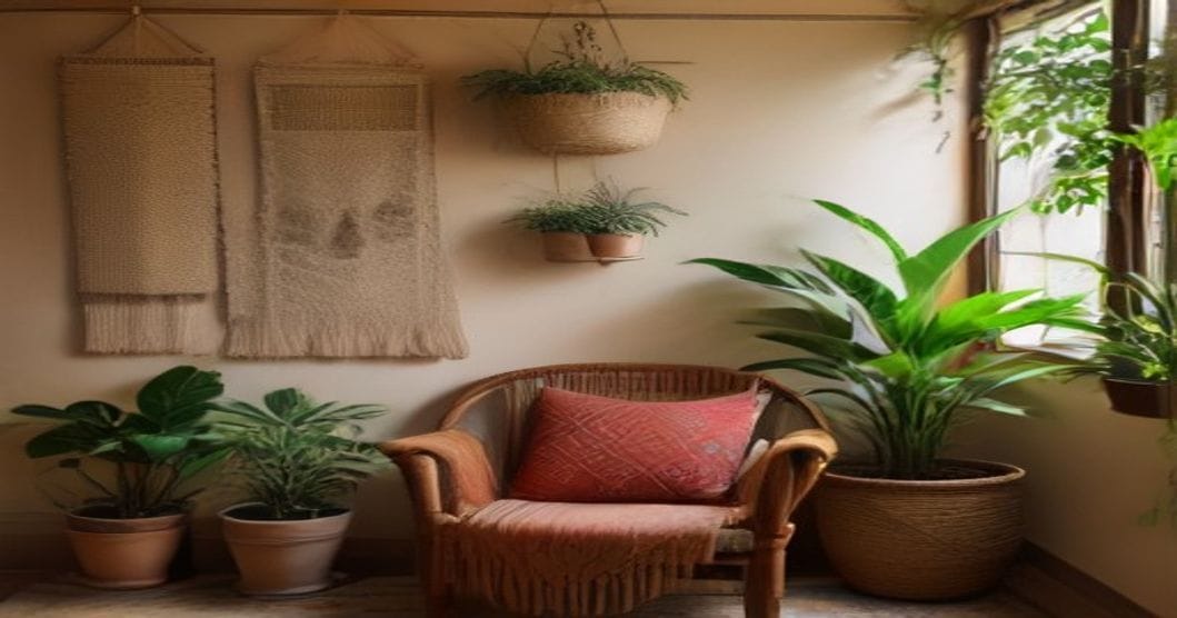 
                               Boho Wohnzimmer mit Rattansessel, Makramee und Pflanzen in Terrakottatöpfen
                              