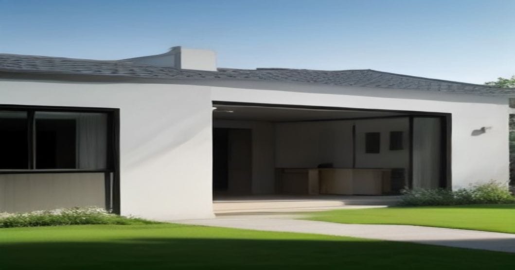 
                               Moderner eingeschossiger Bungalow mit Flachdach und bodentiefen Fenstern im Abendlicht
                              
