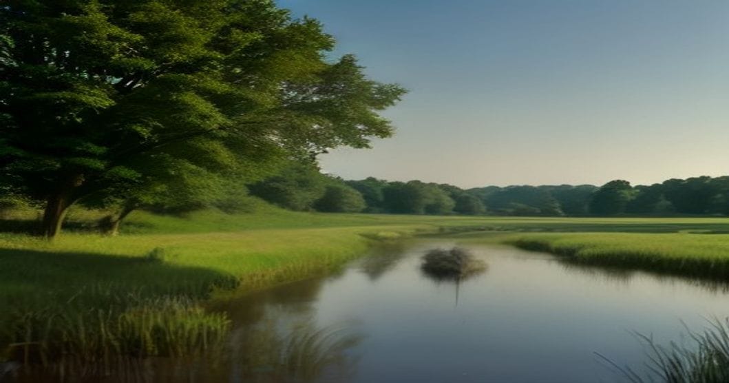 
                               Modernes Haus auf einer Uferwiese mit Fluss im Hintergrund
                              