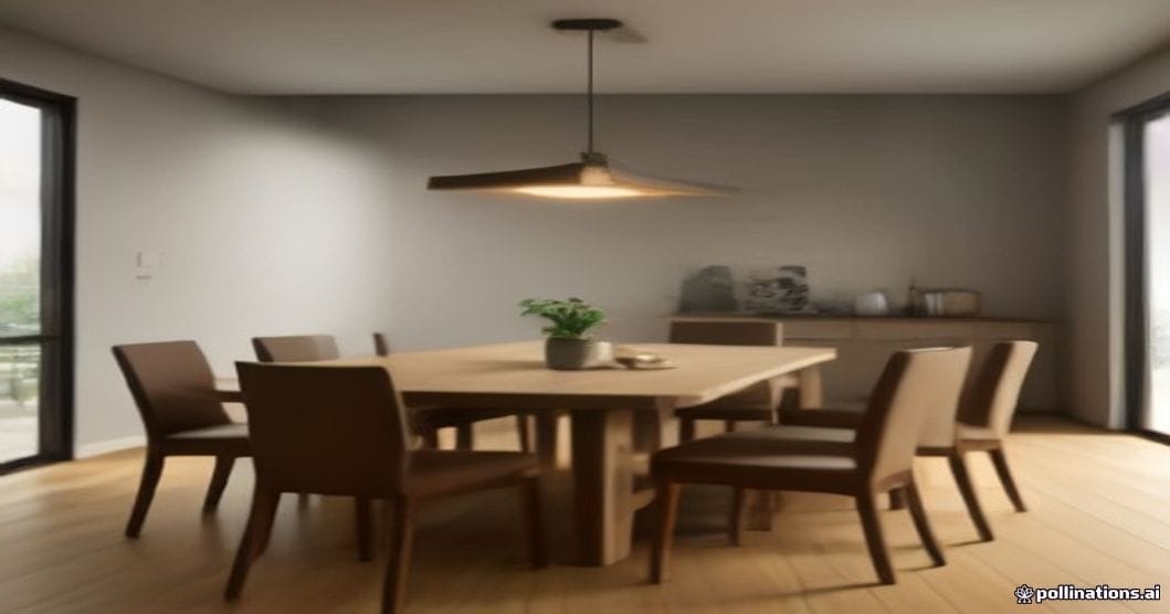 
                               Esszimmer mit rechteckigem Eichentisch, gepolsterten Stühlen und tief hängender Pendelleuchte
                              