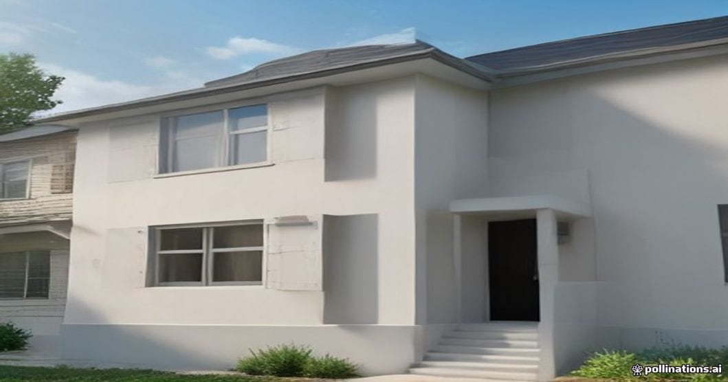 
                               Maler streicht Hausfassade weiss, Geruest sichtbar
                              
