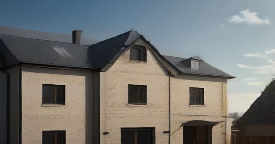 
                               Rohbau eines Einfamilienhauses mit Gerüst und Dachstuhl auf einer Baustelle
                              