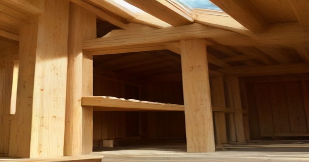 
                               Holzrahmenwand im Bau mit Ständerwerk, Mineralwolldämmung und OSB-Beplankung
                              
