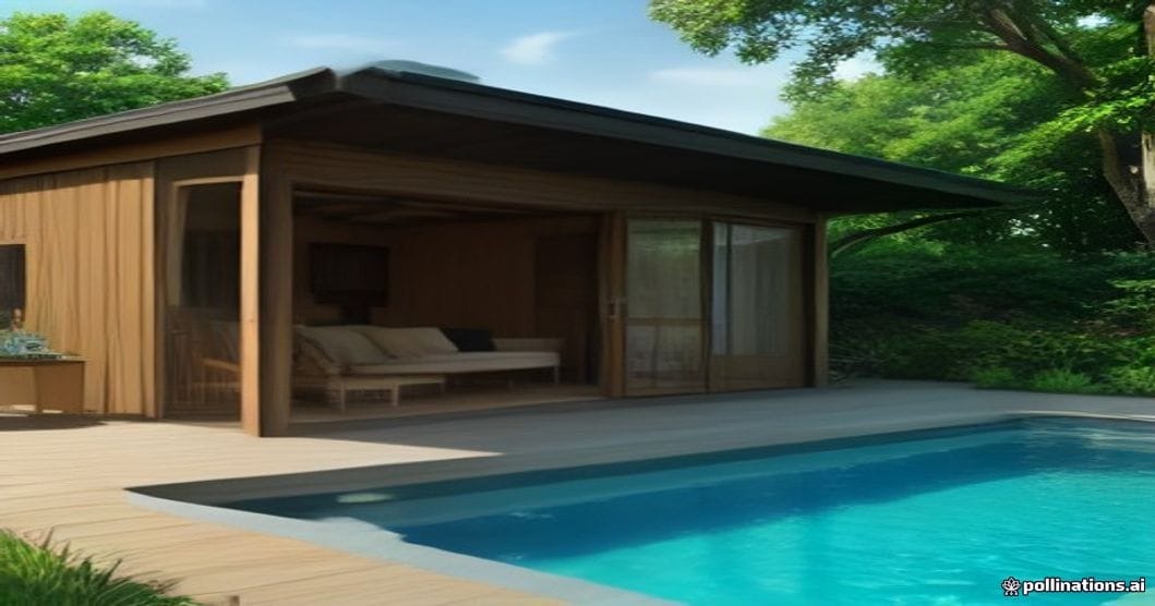 
                               Poolhaus aus Holz neben einem Gartenpool
                              