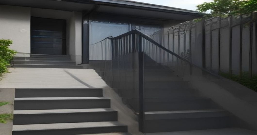 
                               Moderne verzinkte Außentreppe aus Stahl mit Gitterroststufen an einer Hausfassade
                              