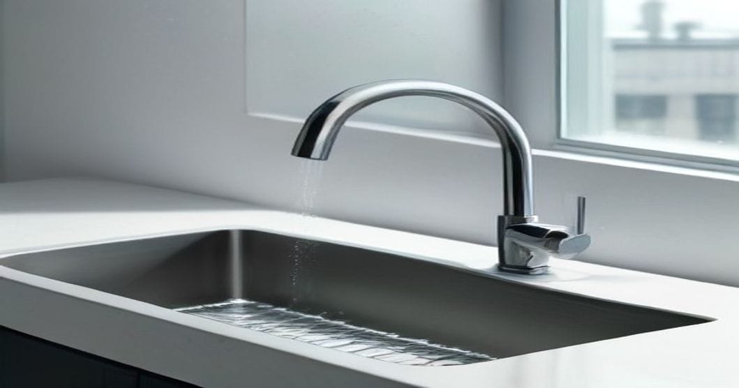 
                               Küchenarmatur mit feinem Wasserstrahl über einem Edelstahlbecken
                              