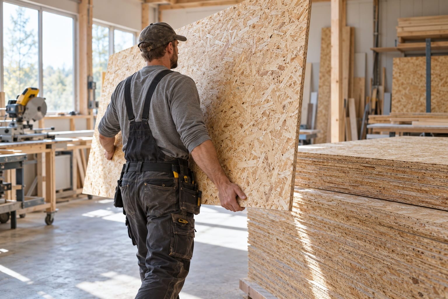 
                               OSB-Platten gestapelt in einer Werkstatt
                              