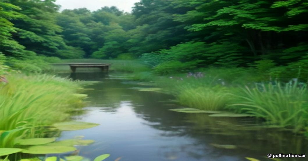 
                               Naturnaher Schwimmteich mit Steg und Wasserpflanzen
                              